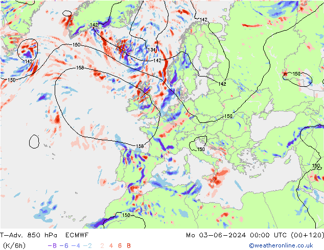 T-Adv. 850 hPa ECMWF lun 03.06.2024 00 UTC