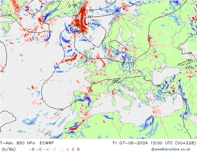 T-Adv. 850 hPa ECMWF Fr 07.06.2024 12 UTC