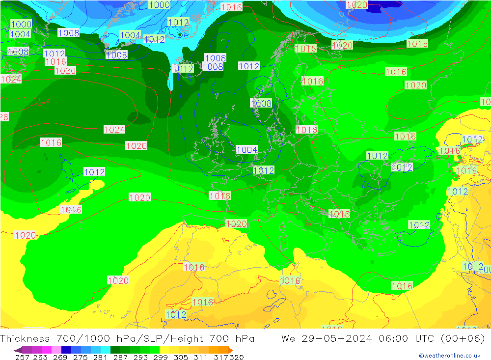 Thck 700-1000 hPa ECMWF Qua 29.05.2024 06 UTC