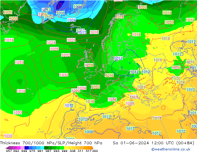 Schichtdicke 700-1000 hPa ECMWF Sa 01.06.2024 12 UTC