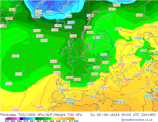 Thck 700-1000 hPa ECMWF dom 02.06.2024 00 UTC