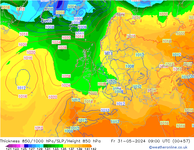 Thck 850-1000 hPa ECMWF Fr 31.05.2024 09 UTC