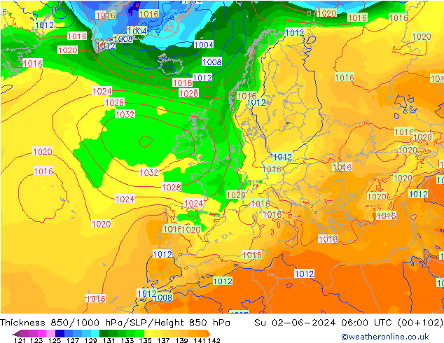 Thck 850-1000 гПа ECMWF Вс 02.06.2024 06 UTC