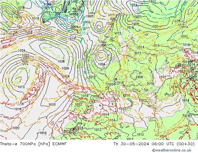 Theta-e 700hPa ECMWF Per 30.05.2024 06 UTC