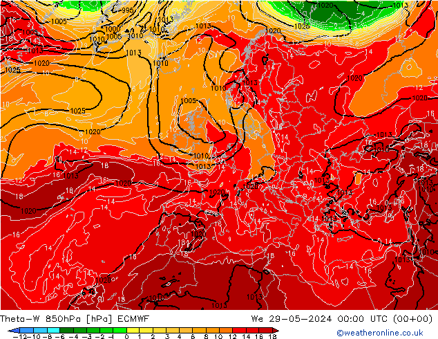 Theta-W 850hPa ECMWF St 29.05.2024 00 UTC