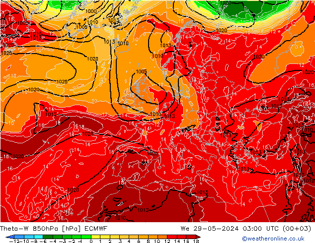 Theta-W 850hPa ECMWF wo 29.05.2024 03 UTC