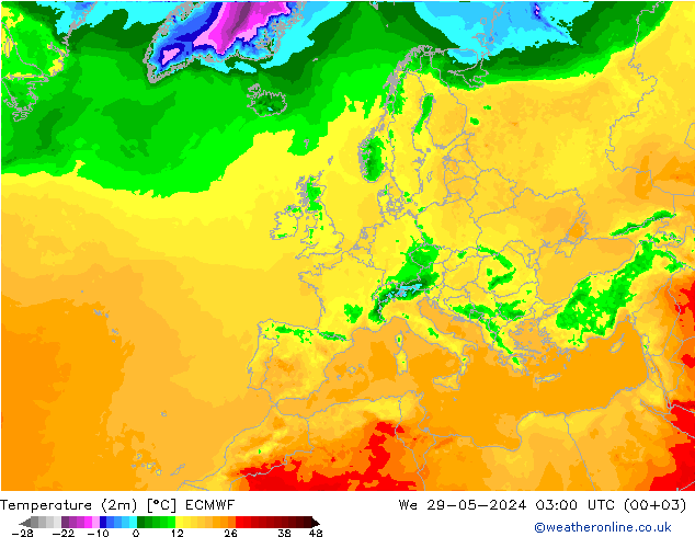 mapa temperatury (2m) ECMWF śro. 29.05.2024 03 UTC