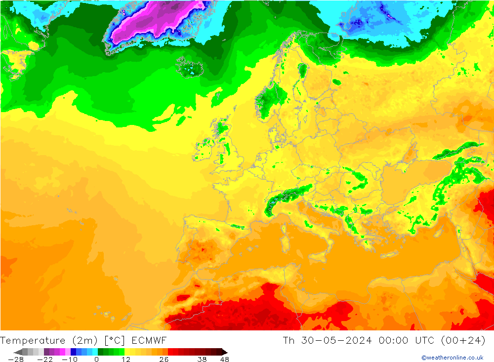 Temperaturkarte (2m) ECMWF Do 30.05.2024 00 UTC