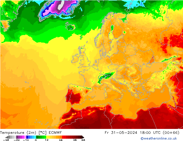 Temperature (2m) ECMWF Fr 31.05.2024 18 UTC