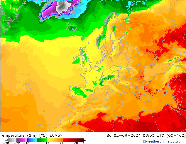 Sıcaklık Haritası (2m) ECMWF Paz 02.06.2024 06 UTC