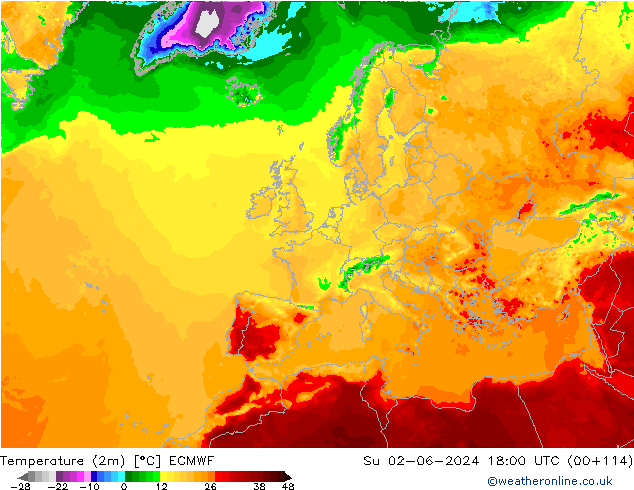 Temperature (2m) ECMWF Ne 02.06.2024 18 UTC