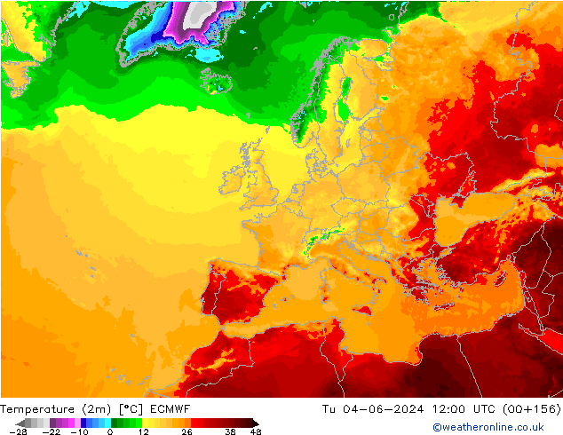 Temperature (2m) ECMWF Tu 04.06.2024 12 UTC