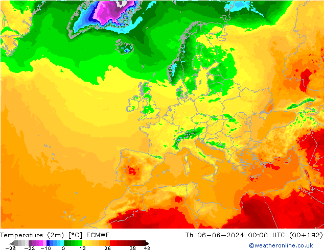 Temperatura (2m) ECMWF gio 06.06.2024 00 UTC