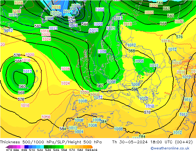 Thck 500-1000hPa ECMWF czw. 30.05.2024 18 UTC