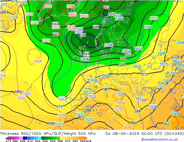 Thck 500-1000гПа ECMWF сб 08.06.2024 00 UTC