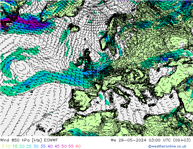 ветер 850 гПа ECMWF ср 29.05.2024 03 UTC