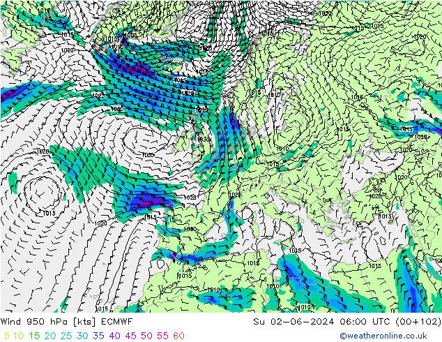Wind 950 hPa ECMWF So 02.06.2024 06 UTC