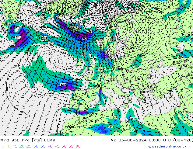 wiatr 950 hPa ECMWF pon. 03.06.2024 00 UTC