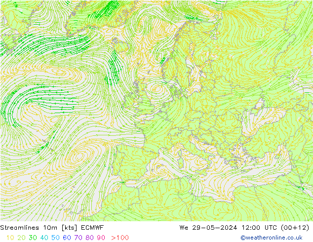 Stroomlijn 10m ECMWF wo 29.05.2024 12 UTC