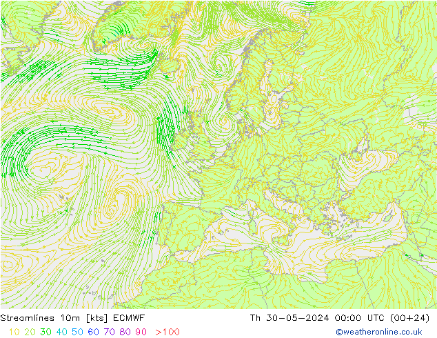 Streamlines 10m ECMWF Čt 30.05.2024 00 UTC