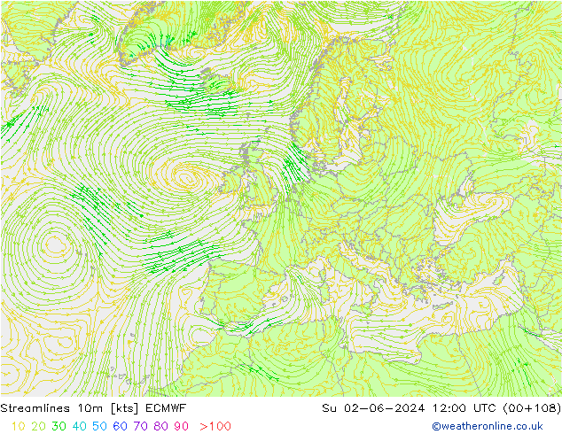 Streamlines 10m ECMWF Su 02.06.2024 12 UTC