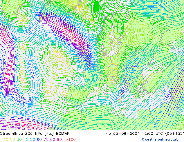 Linea di flusso 200 hPa ECMWF lun 03.06.2024 12 UTC