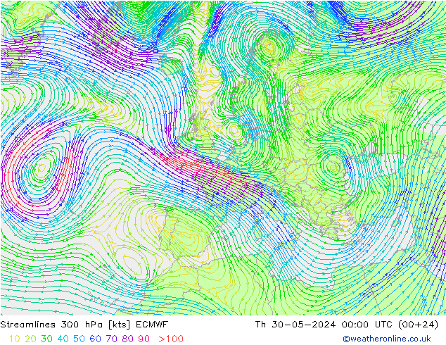 Stroomlijn 300 hPa ECMWF do 30.05.2024 00 UTC