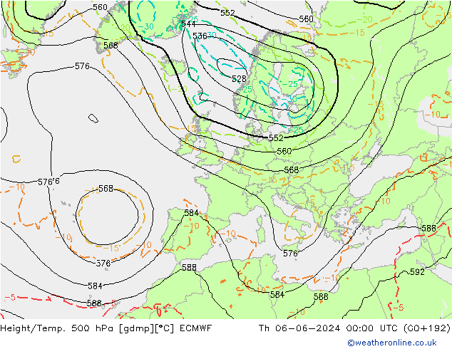 Z500/Rain (+SLP)/Z850 ECMWF Th 06.06.2024 00 UTC