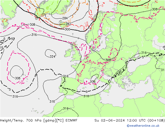 Géop./Temp. 700 hPa ECMWF dim 02.06.2024 12 UTC