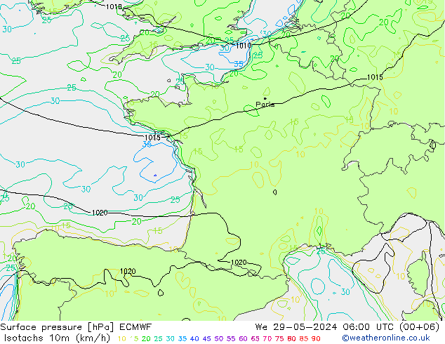 Isotachen (km/h) ECMWF Mi 29.05.2024 06 UTC