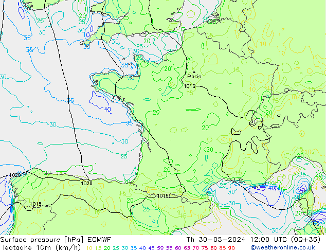 Izotacha (km/godz) ECMWF czw. 30.05.2024 12 UTC