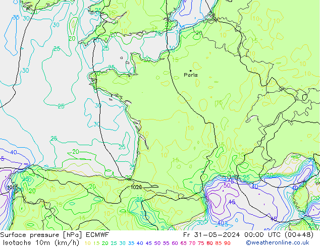 Isotachs (kph) ECMWF пт 31.05.2024 00 UTC