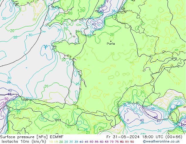 Isotachs (kph) ECMWF Fr 31.05.2024 18 UTC