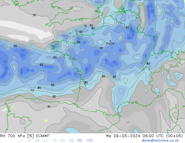 RH 700 hPa ECMWF śro. 29.05.2024 06 UTC