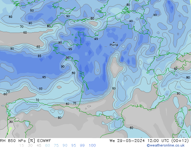 RH 850 hPa ECMWF mer 29.05.2024 12 UTC