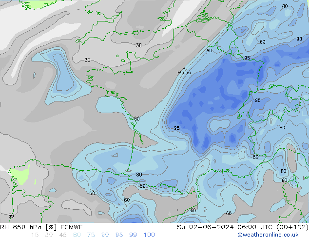 RH 850 гПа ECMWF Вс 02.06.2024 06 UTC