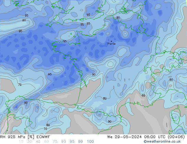 RH 925 hPa ECMWF Mi 29.05.2024 06 UTC