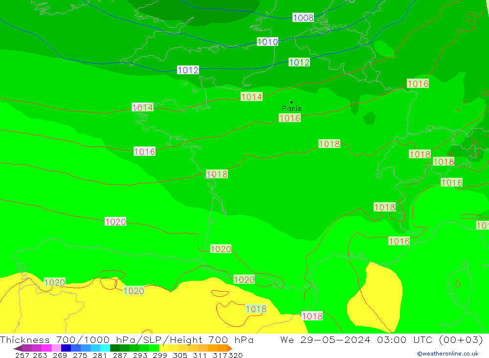 Thck 700-1000 hPa ECMWF mer 29.05.2024 03 UTC