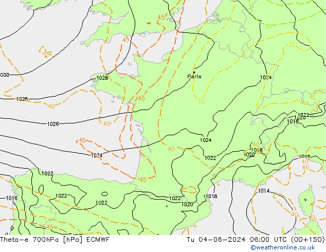 Theta-e 700hPa ECMWF mar 04.06.2024 06 UTC