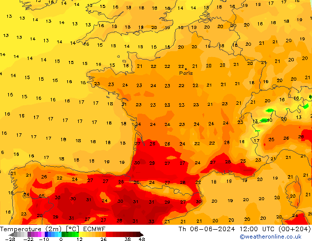 Temperaturkarte (2m) ECMWF Do 06.06.2024 12 UTC