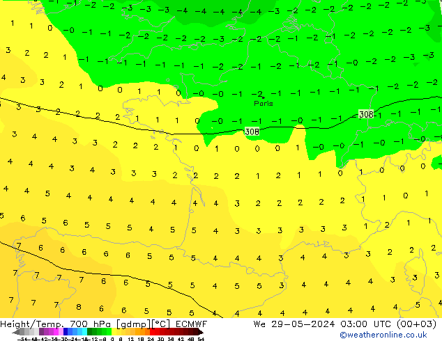 Height/Temp. 700 hPa ECMWF We 29.05.2024 03 UTC