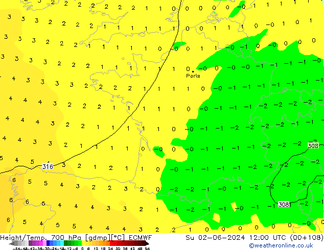 Geop./Temp. 700 hPa ECMWF dom 02.06.2024 12 UTC