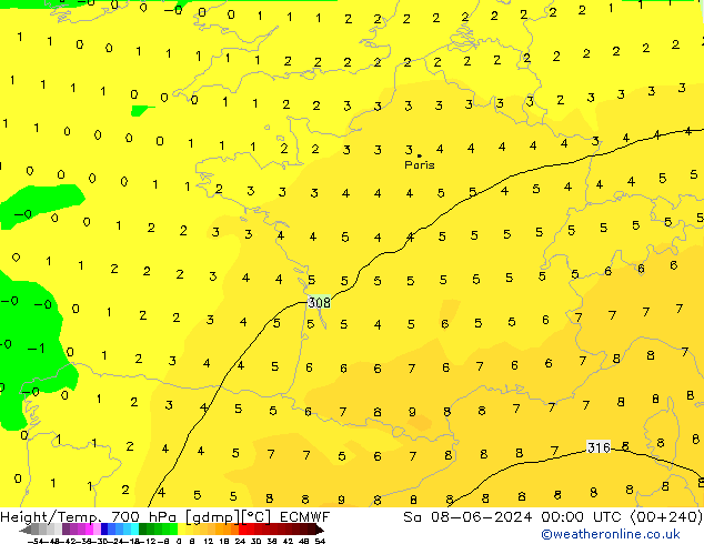 Height/Temp. 700 гПа ECMWF сб 08.06.2024 00 UTC