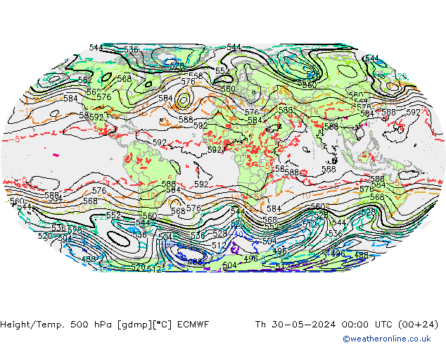 Z500/Rain (+SLP)/Z850 ECMWF Do 30.05.2024 00 UTC