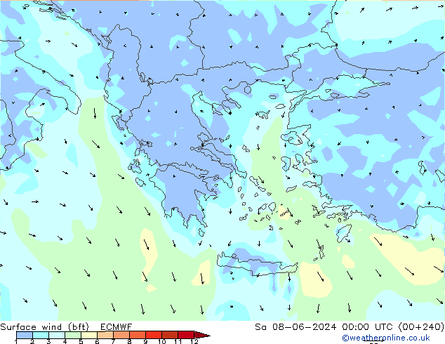 Surface wind (bft) ECMWF Sa 08.06.2024 00 UTC