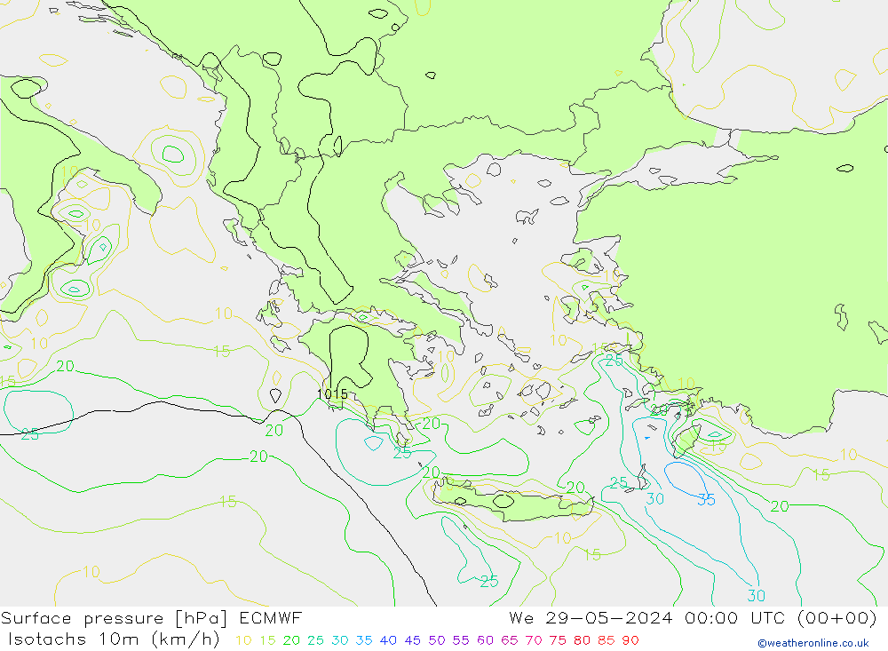 Isotachs (kph) ECMWF We 29.05.2024 00 UTC