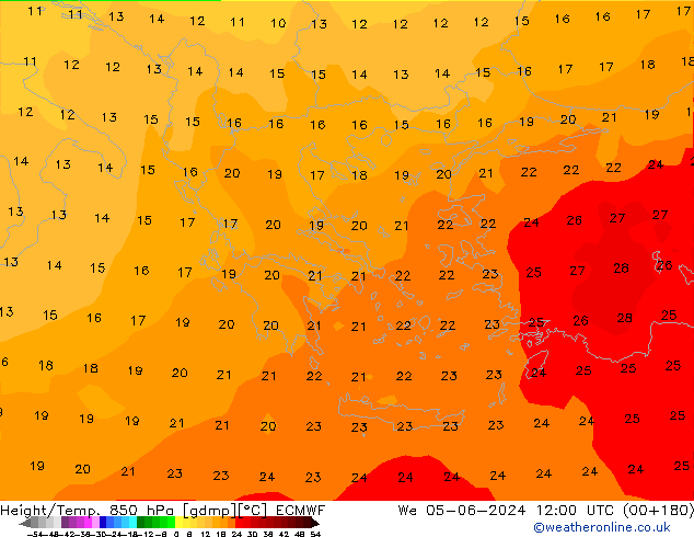 Hoogte/Temp. 850 hPa ECMWF wo 05.06.2024 12 UTC