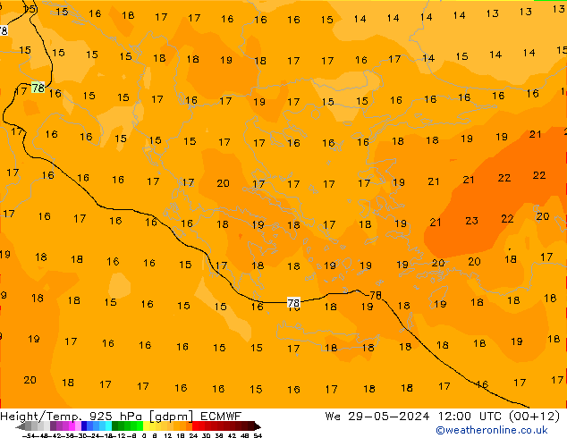 Height/Temp. 925 hPa ECMWF śro. 29.05.2024 12 UTC