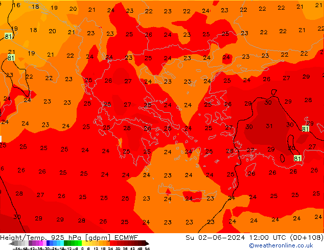 Géop./Temp. 925 hPa ECMWF dim 02.06.2024 12 UTC