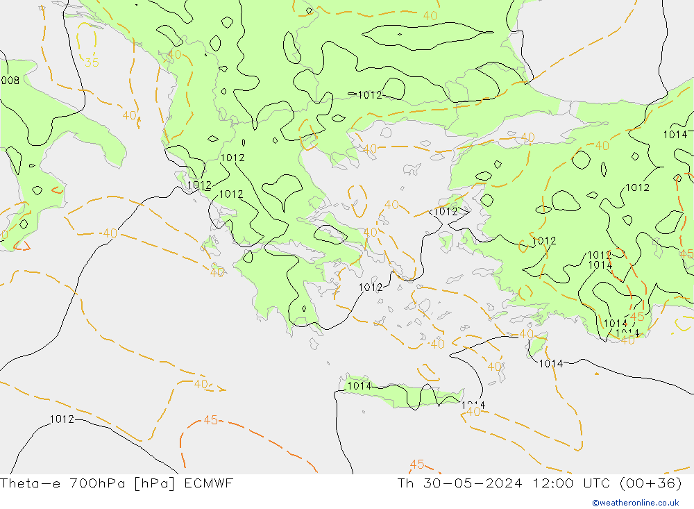 Theta-e 700hPa ECMWF jue 30.05.2024 12 UTC